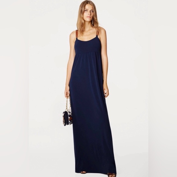 Tory Burch Dresses & Skirts - TORY BURCH Navy Stacey Maxi Slip Dress Plastic Tortoise Shell Chain Straps M (8)